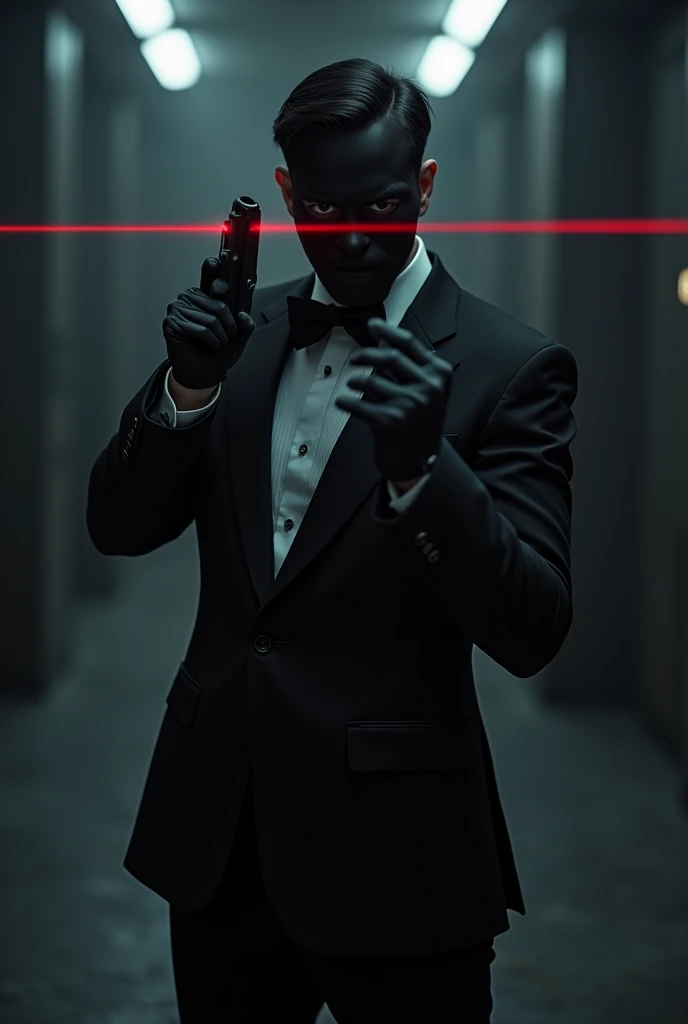 Guy with a black mask and a black tuxedo with a laser gun