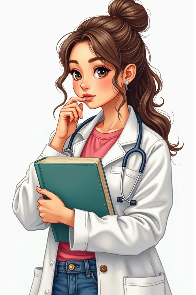 Image of a thoughtful female healthcare student with books, com olhos castanhos, in illustrated drawing