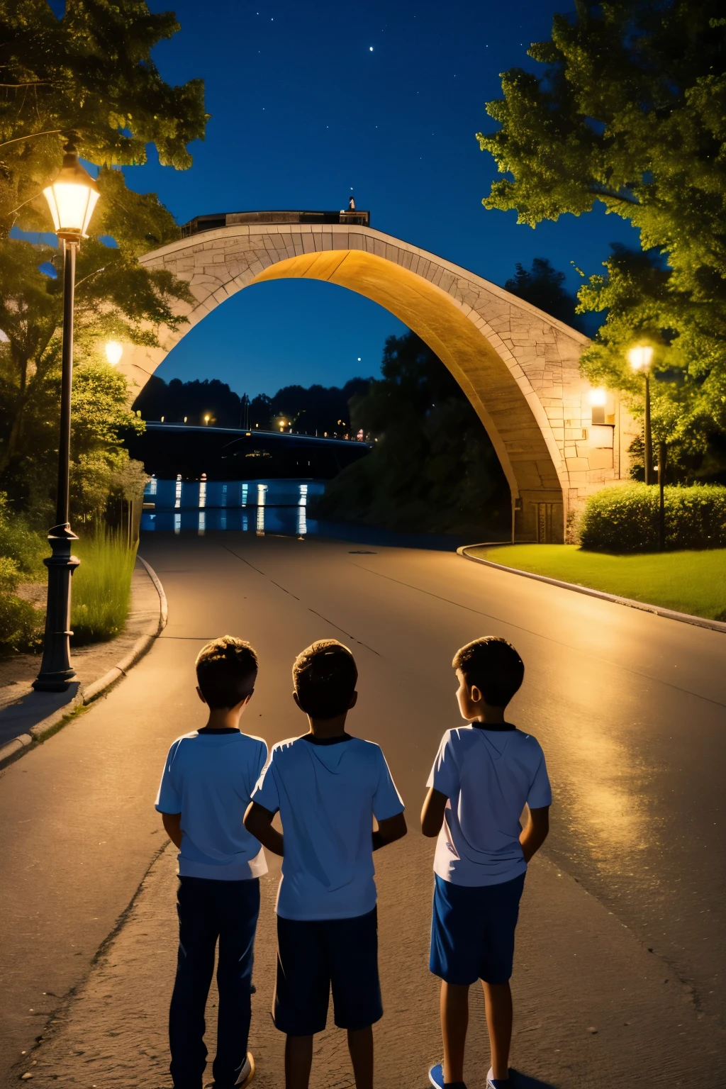 group of boys and girls near a bridge on a summer night,