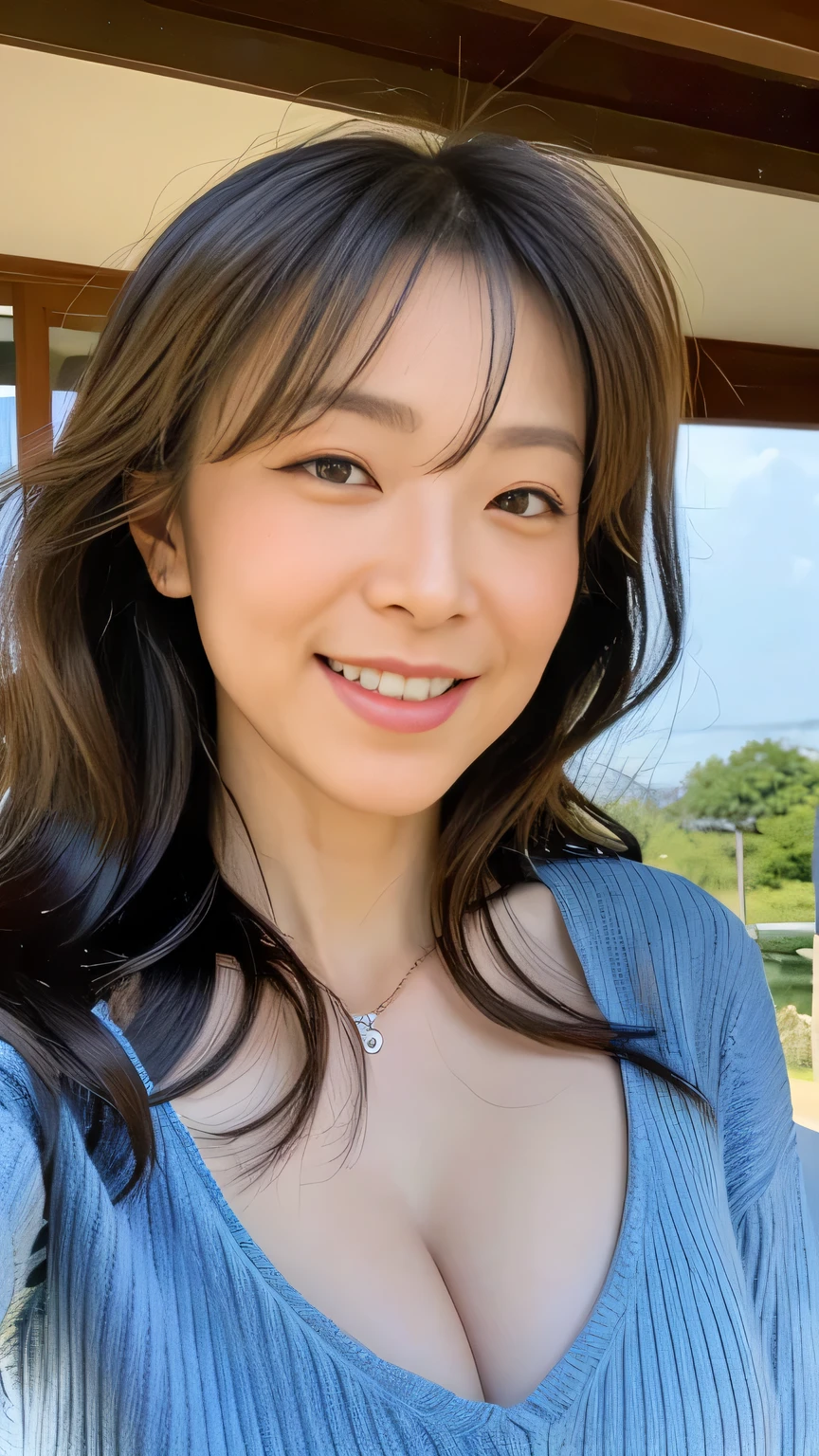 ((Highest quality)), ((masterpiece)), (detailed),Perfect Face,Walk towards here、Watching the audience、Big smile、Cowboy Shot、Shooting from below、Japanese,Mother,40 years old,(Realistic facial wrinkles)、(Wrinkles around the eyes:1.2),(Tear bags),Straight medium hair、A V-neck sweater that shows off cleavage、Skinny jeans、Entrance to the house、detailedな手、detailedな指、detailedな目、