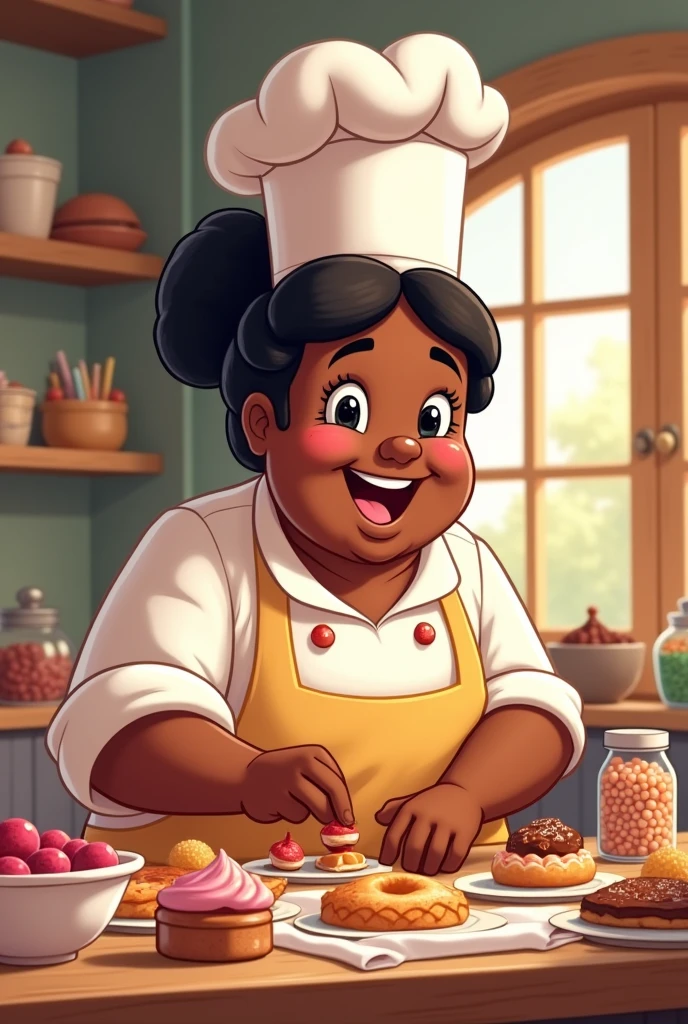 Cartoon black confectioner making sweets