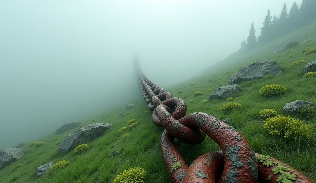 open field of a hillside landscape with a green meadow immersed in mist with a few scattered boulders, a huge rusty chain with lichens growing on it crosses the frame passing from close to the viewpoint to far up into the sky and is lost in the mist, it is possible to see some of the links up close
