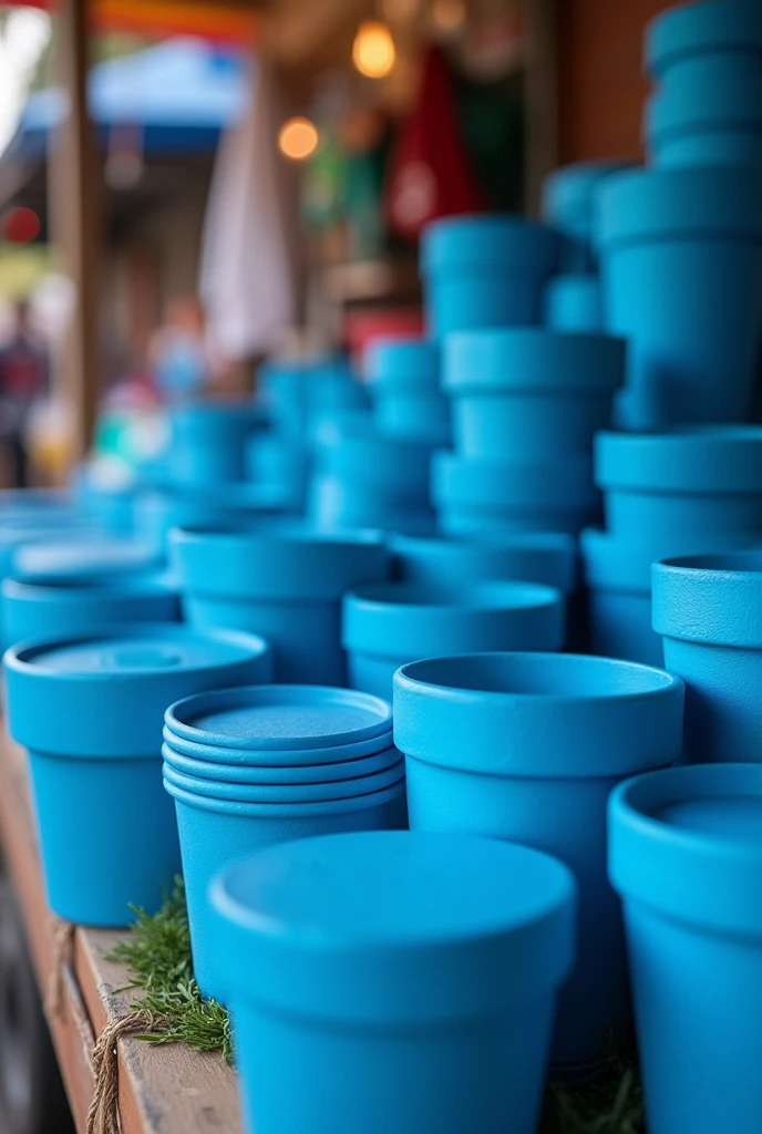 Thick blue paper pots at a street stall, as if the photo had been taken blurry