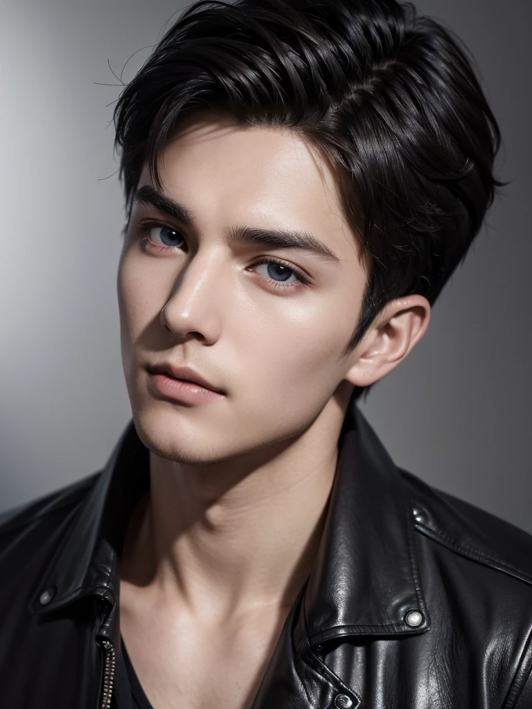 (absurdres, highres, ultra detailed), a handsome young man in his 20s, solo, short hairstyle, detailed face, perfect facial features, smooth pale skin, shiny skin, beautiful, gorgeous, mature, perfect eyes, sexy gaze, looking at the viewers romantically, leather jacket, 