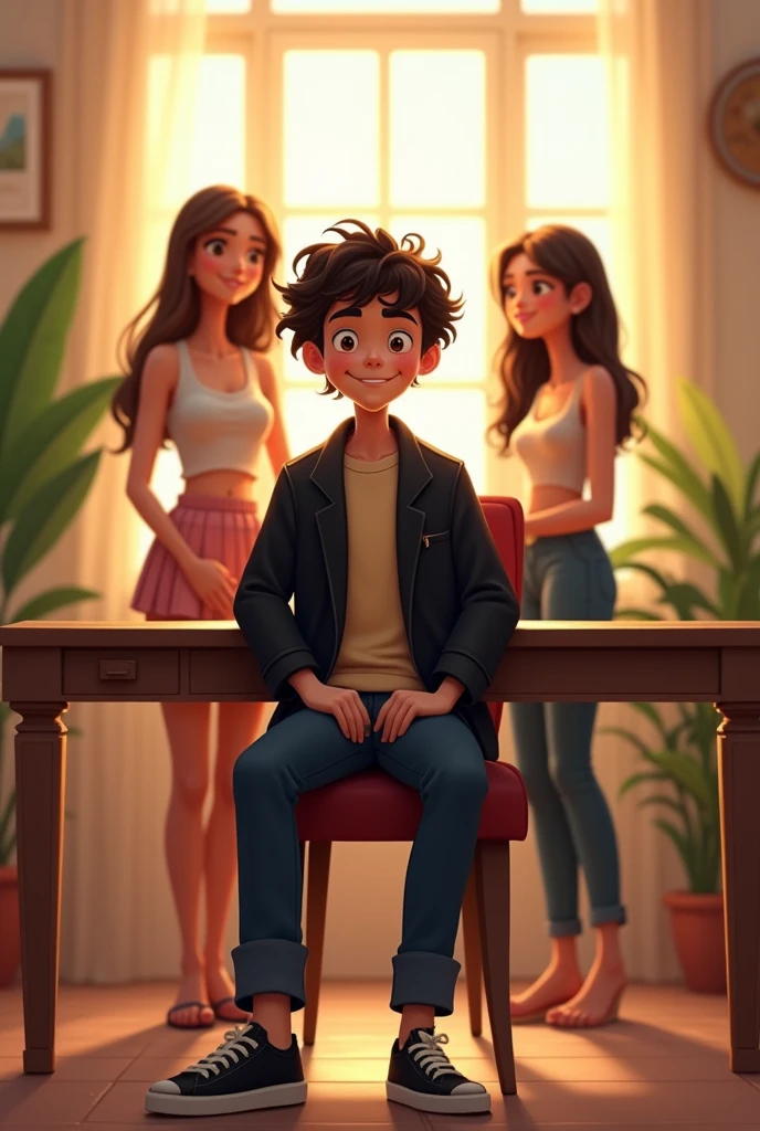 Cartoon smart boy stylish , sitting on the disining chair, wearing black jacket, black pants, curly hair, indoors, soft lighting, plants in background, window with sunlight, cozy room . 3 beautiful girls standing behind with smiling face