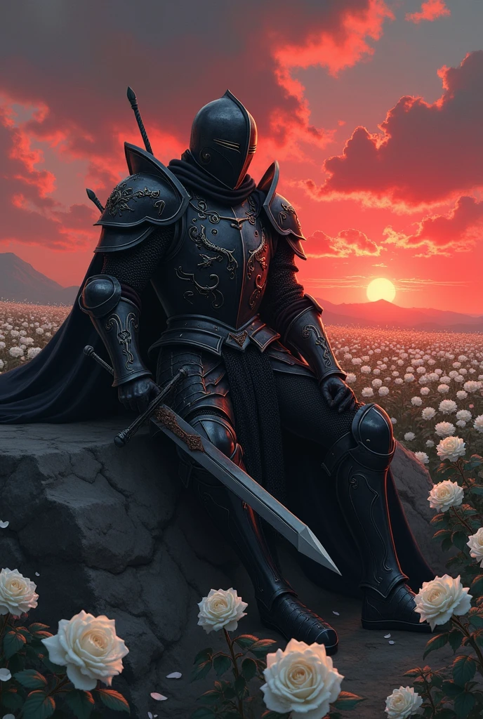 
Imagine a knight in black armor, decorated with intricate white details that glow softly in the evening light. The armor, although imposing, It is broken and stained with blood. Several arrows are embedded in his chest and abdomen., with dark blood flowing through the cracks in the armor.

The knight is leaning against a large, rough rock, His strength fading as his life slowly slips away. Around it, a vast field of white roses, Its soft petals contrast with the hardness of the armor and the brutality of the scene.. The knight holds his sword firmly, which is partially nailed into the ground next to it. his eyes, although weak, are fixed on the horizon, where a red sunset floods the sky with fiery hues, symbolizing the end of his battle and his life.

The clouds in the sky seem to reflect the knight&#39;s inner storm., and the wind blows gently, moving the rose petals around her. The scene is a portrait of sacrifice, courage, and the melancholy of the inevitable end.