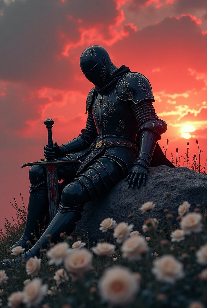 
Imagine a knight in black armor, decorated with intricate white details that glow softly in the evening light. The armor, although imposing, It is broken and stained with blood. Several arrows are embedded in his chest and abdomen., with dark blood flowing through the cracks in the armor.

The knight is leaning against a large, rough rock, His strength fading as his life slowly slips away. Around it, a vast field of white roses, Its soft petals contrast with the hardness of the armor and the brutality of the scene.. The knight holds his sword firmly, which is partially nailed into the ground next to it. his eyes, although weak, are fixed on the horizon, where a red sunset floods the sky with fiery hues, symbolizing the end of his battle and his life.

The clouds in the sky seem to reflect the knight&#39;s inner storm., and the wind blows gently, moving the rose petals around her. The scene is a portrait of sacrifice, courage, and the melancholy of the inevitable end.