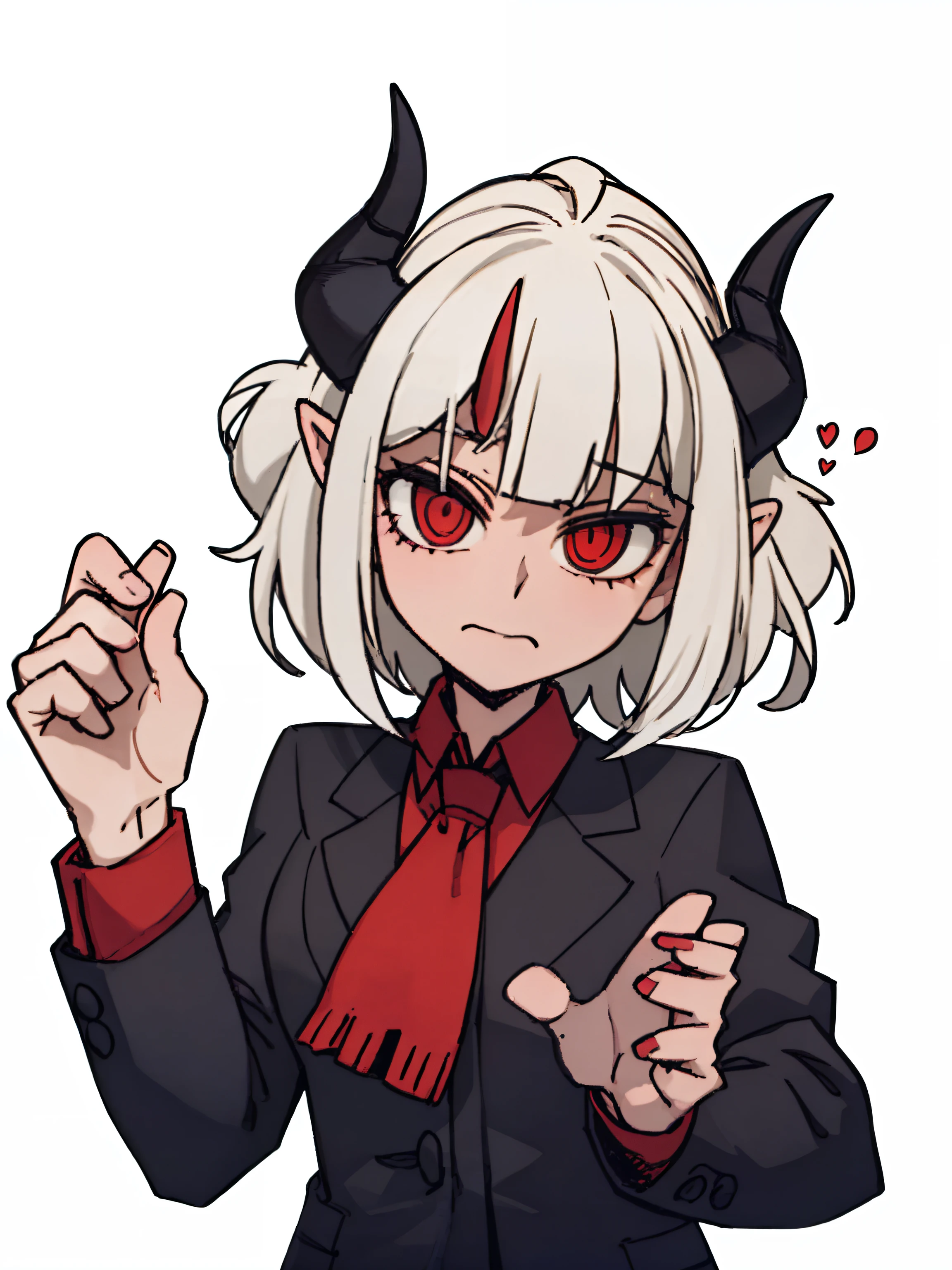 a man is positive,((full bodyesbian,Suits,head of grey hair，demon horns on the head)),Put your hands in front,young, White background