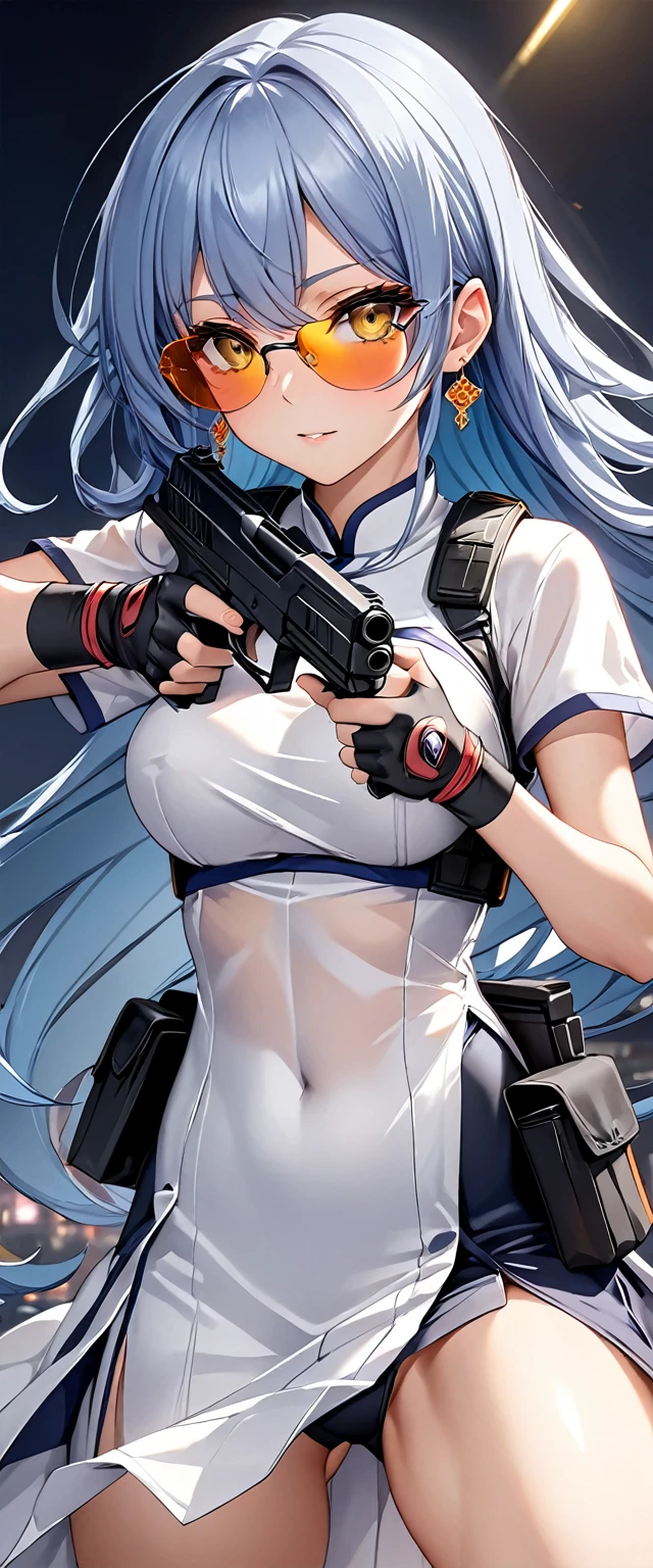 masterpiece、Highest quality、Ultra-high resolution、Maximum resolution、Very detailed、Professional Lighting、anime、Adult female、thin、so beautiful、、White cheongsam、White Chinese clothing、sexy Chinese dress、Deep slit、He has a gun、Holding a handgun in both hands、Yellow Eyes、Blue Hair、Long Wavy Hair、Earrings、Fingerless gloves、Tactical Boots、Equipped with transparent orange sunglasses、Equipped with a chest rig, (((hold a gun and take aim))), (((Random Action Pose)))