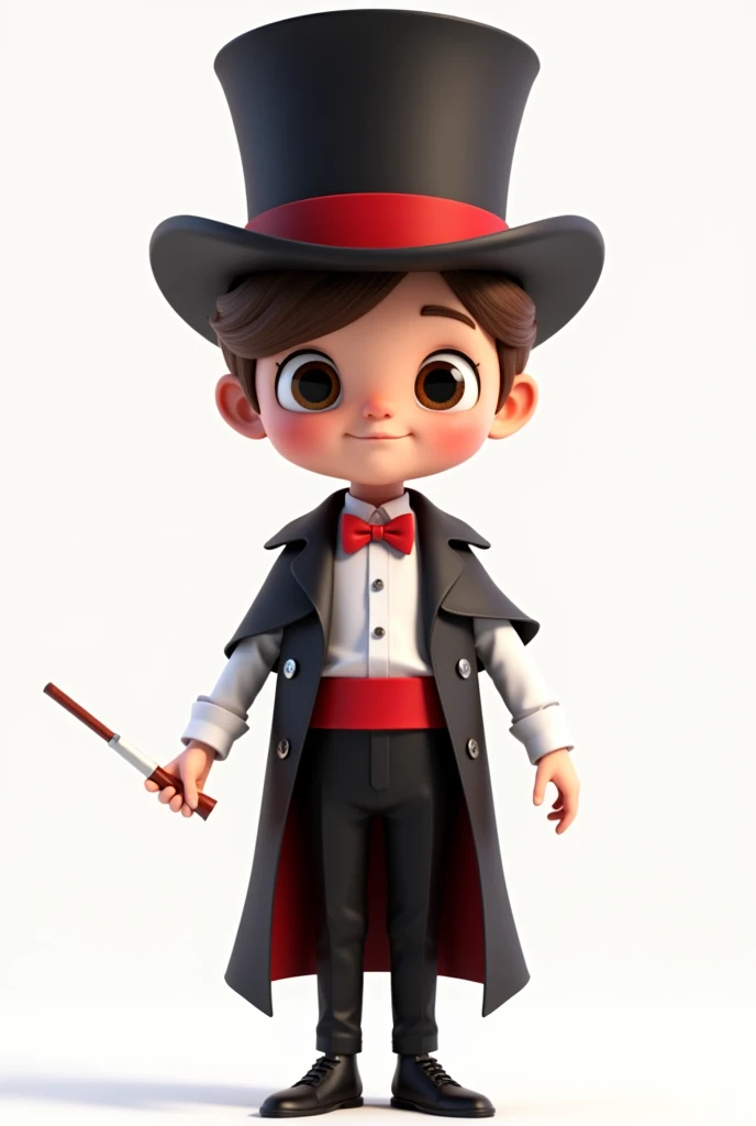 (boy with asymmetrical face, eyes and brown hair), he is dressed as a magician with: black pants, red bow tie, black cape, white shirt with a red band on his stomach, black magician's top hat on his head with a red band (smiling and with a magic wand in hand), developer, facing us, 3d rendering, pixar style, (detailed digital art), stylized 3d rendering, c4d, (full height), high quality, composition, masterpiece, art station, background plain solid white
