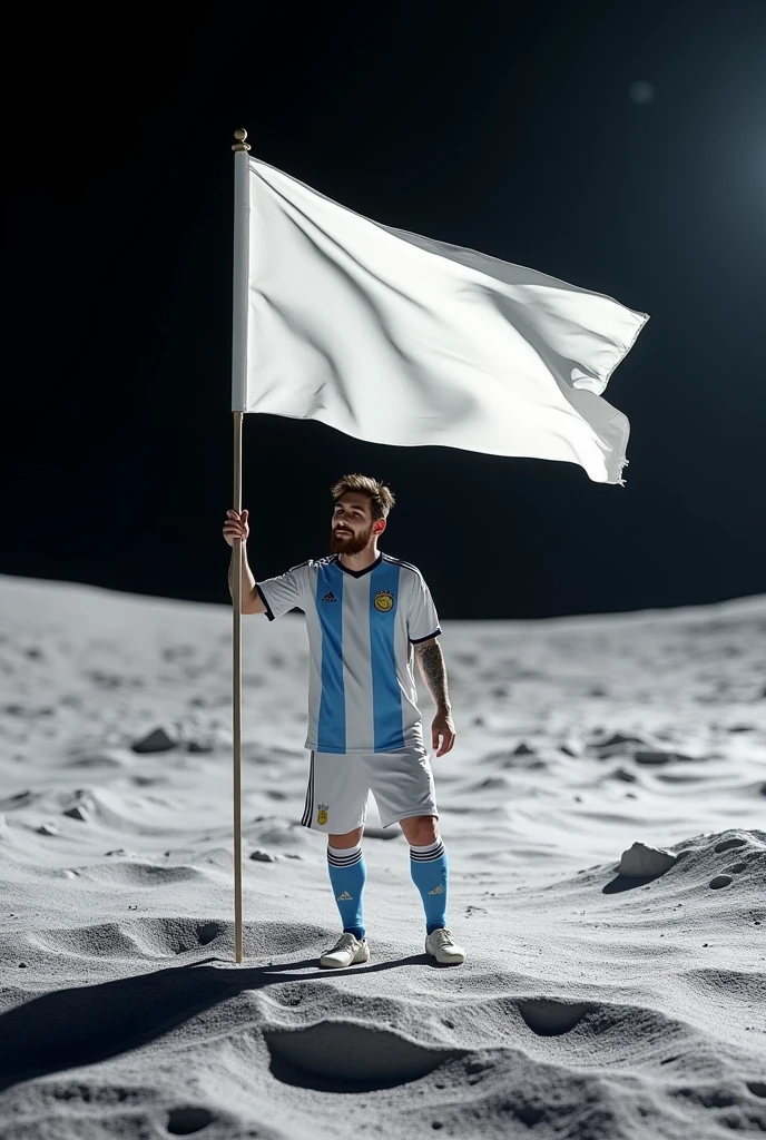 messi on the moon with a completely white flag, realist