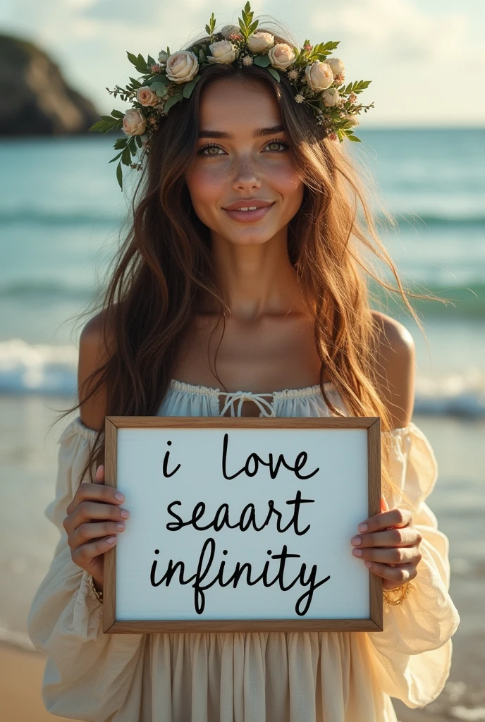 Beautiful girl with wavy long hair, bohemian dress, holding a white board with text "I Love Seaart Infinity" and showing it to the viewer