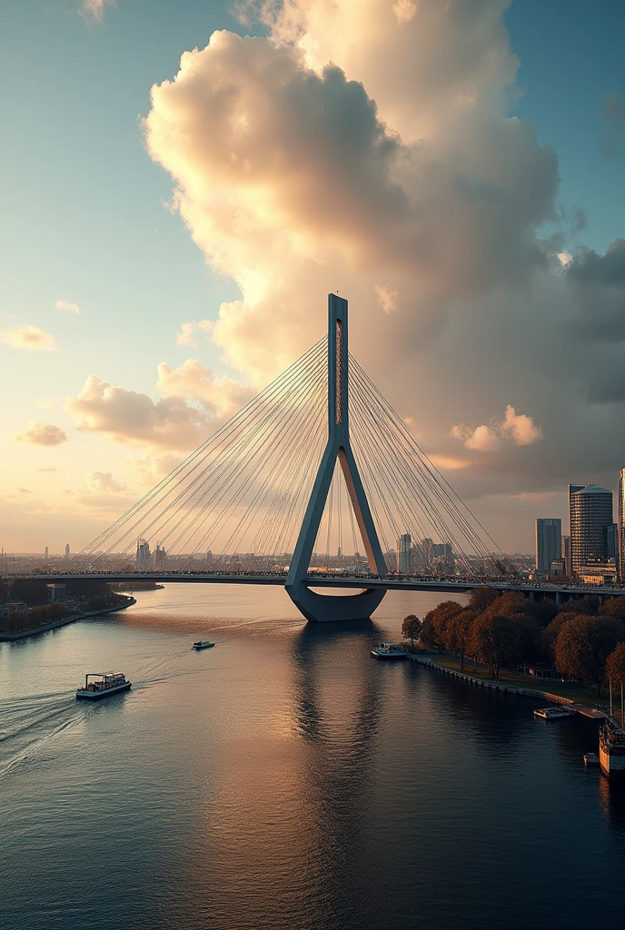 a beautiful detailed bridge in Rotterdam, Netherlands, Erasmus Bridge, modern architecture, cityscape, river, boats, reflections, cinematic lighting, dramatic cloudy sky, warm color tones, photorealistic, 8k, ultra-detailed, hyper-realistic, professional photography, award-winning composition