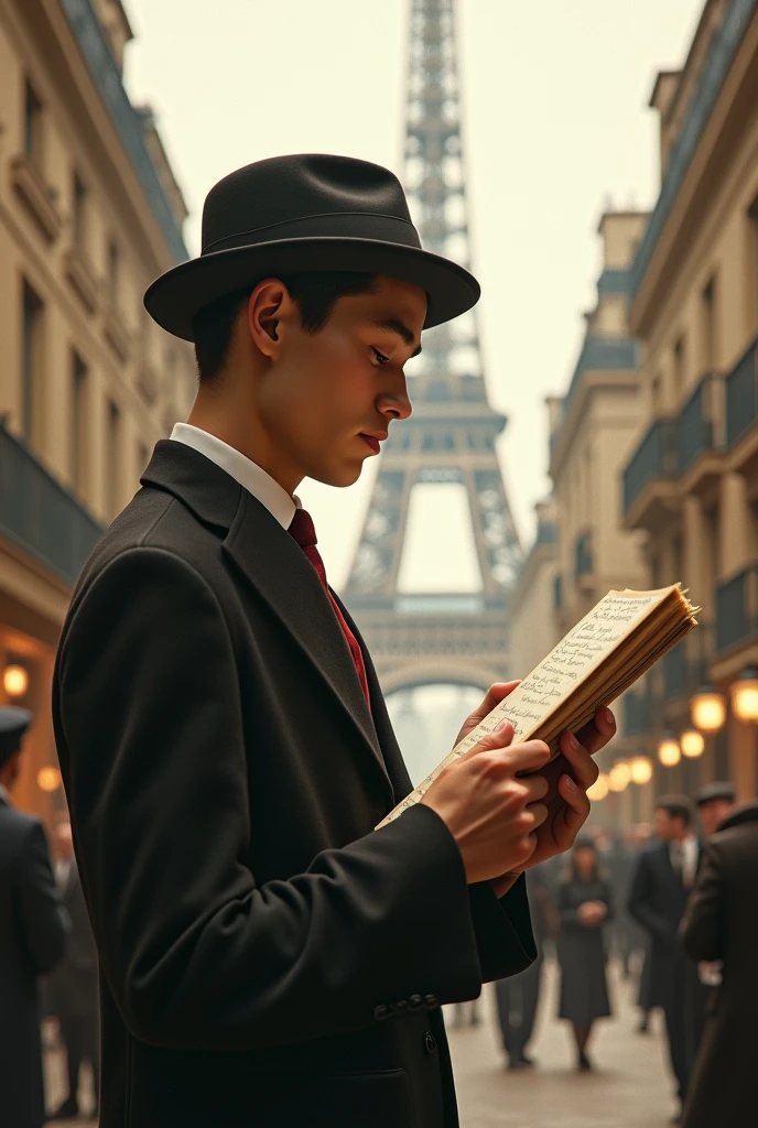 create an image where you see a person reading a note that says "Thanks for the inspiration. The future is ours to create", This person is in Paris in 1920