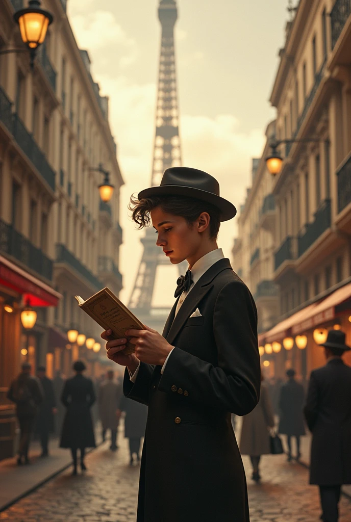 create an image where you see a person reading a note that says "Thanks for the inspiration. The future is ours to create", This person is in Paris in 1920