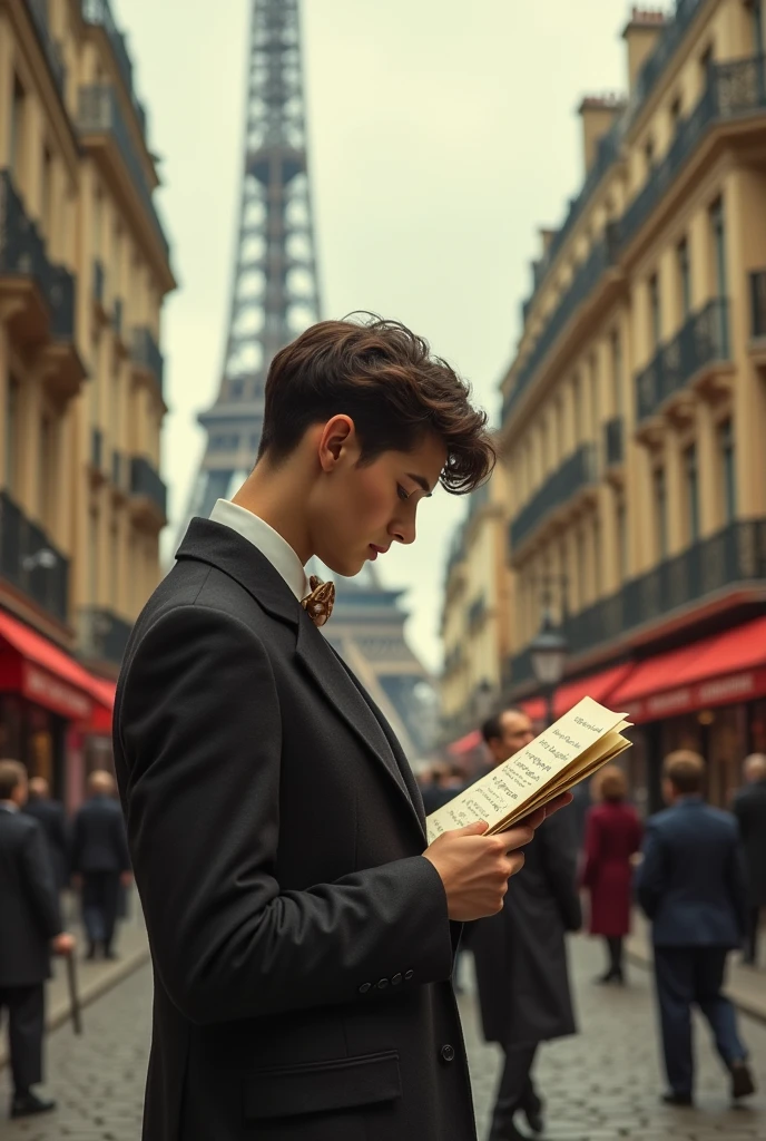 create an image where you see a person reading a note that says "Thanks for the inspiration. The future is ours to create", This person is in Paris in 1920