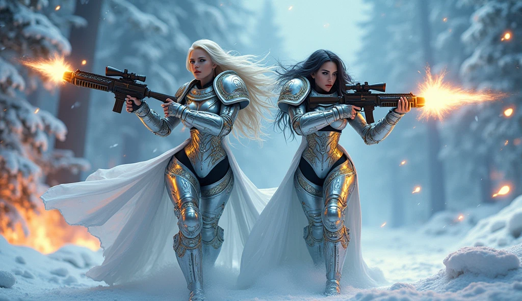 a beautiful woman with long platinum blonde hair, porcelain skin, ice blue eyes, large breast, a beautiful woman with long black hair, porcelain skin, ice blue eyes, large breast, sexy sisters of battle from the warhammer 40k, shooting at the enemy, White space marine armor with intricate details, Black space marine armor with intricate details,religous symbols on the armor, sisters of battle, warhammer 40k, Massive silicone breast, pale skin, seductive, temptation, eat your soul, clevage, , standing in a magical winter wonderland with snow-covered trees and frozen lakes, intricate ice crystals and snowflakes surrounding her, (best quality,4k,8k,highres,masterpiece:1.2),ultra-detailed,(realistic,photorealistic,photo-realistic:1.37),fantasy,digital art,cinematic lighting, highly detailed armor, intricate futuristic weaponry, gritty and realistic, mecha, science fiction, hyper-detailed, photorealistic, award winning digital art, 8k, HDR, masters work, in the middle of a battle field, full body combat action pose, explosions and fire around, full war, charging, running forward, attacking, stunning, Stilleto heels, high heels, full body pose, cinematic, dust and debree, combat screams, attacking, shooting at the enemy, sisters of battle, warhammer 40kdramatic color palette,frozen landscape,ice powers,snow queen