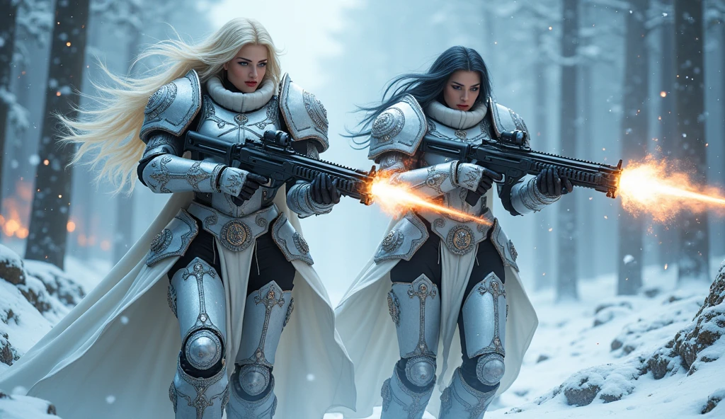 a beautiful woman with long platinum blonde hair, porcelain skin, ice blue eyes, large breast, a beautiful woman with long black hair, porcelain skin, ice blue eyes, large breast, sexy sisters of battle from the warhammer 40k, shooting at the enemy, White space marine armor with intricate details, Black space marine armor with intricate details,religous symbols on the armor, sisters of battle, warhammer 40k, Massive silicone breast, pale skin, seductive, temptation, eat your soul, clevage, , standing in a magical winter wonderland with snow-covered trees and frozen lakes, intricate ice crystals and snowflakes surrounding her, (best quality,4k,8k,highres,masterpiece:1.2),ultra-detailed,(realistic,photorealistic,photo-realistic:1.37),fantasy,digital art,cinematic lighting, highly detailed armor, intricate futuristic weaponry, gritty and realistic, mecha, science fiction, hyper-detailed, photorealistic, award winning digital art, 8k, HDR, masters work, in the middle of a battle field, full body combat action pose, explosions and fire around, full war, charging, running forward, attacking, stunning, Stilleto heels, high heels, full body pose, cinematic, dust and debree, combat screams, attacking, shooting at the enemy, sisters of battle, warhammer 40kdramatic color palette,frozen landscape,ice powers,snow queen