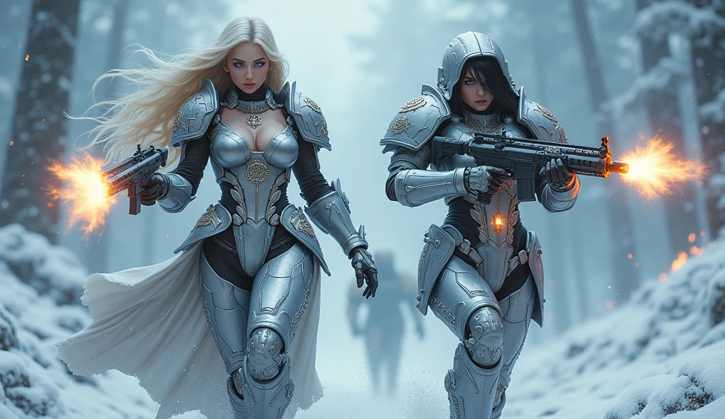 a beautiful woman with long platinum blonde hair, porcelain skin, ice blue eyes, large breast, a beautiful woman with long black hair, porcelain skin, ice blue eyes, large breast, sexy sisters of battle from the warhammer 40k, shooting at the enemy, White space marine armor with intricate details, Black space marine armor with intricate details,religous symbols on the armor, sisters of battle, warhammer 40k, Massive silicone breast, pale skin, seductive, temptation, eat your soul, clevage, , standing in a magical winter wonderland with snow-covered trees and frozen lakes, intricate ice crystals and snowflakes surrounding her, (best quality,4k,8k,highres,masterpiece:1.2),ultra-detailed,(realistic,photorealistic,photo-realistic:1.37),fantasy,digital art,cinematic lighting, highly detailed armor, intricate futuristic weaponry, gritty and realistic, mecha, science fiction, hyper-detailed, photorealistic, award winning digital art, 8k, HDR, masters work, in the middle of a battle field, full body combat action pose, explosions and fire around, full war, charging, running forward, attacking, stunning, Stilleto heels, high heels, full body pose, cinematic, dust and debree, combat screams, attacking, shooting at the enemy, sisters of battle, warhammer 40kdramatic color palette,frozen landscape,ice powers,snow queen