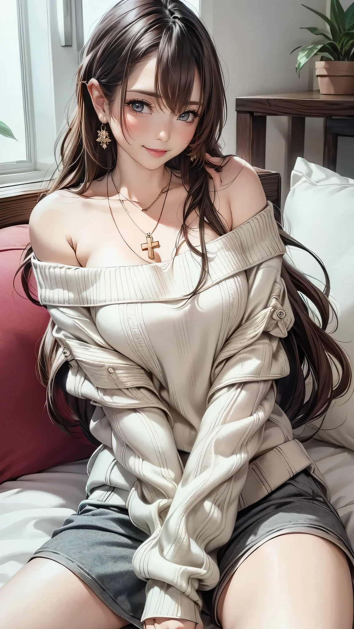  (off-shoulder sweater, oversized sweater), (hiden short pants), (cross-legged sitting, hands lying on thighs), on bed, best quality, masterpiece, earrings, necklace,