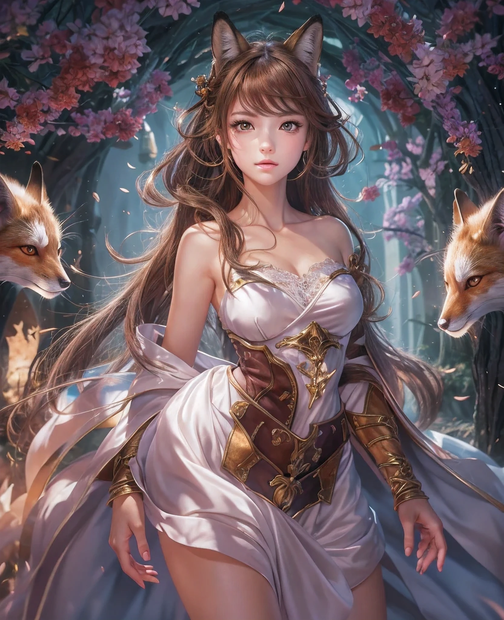 Best quality, 8K, HDR, soft lighting, picture perfect, realistic, vibrant, fox girl with brown hair, kitsune, beautiful female kitsune, digital anime illustration, beautiful illustration, beautiful digital artwork, exquisite digital illustration, realistic digital anime art, realistic anime style digital art, ultra high quality fantasy art, final fantasy, masterpiece, ultra high quality female character design, wallpaper illustrations of the highest quality, complex ultra high quality accurate faces of female characters, high quality design and accurate physics, ultra high quality fantasy style, dark fantasy Style, masterpieces, super high quality characters, anime resolution - 8K, realistic anime art, highest quality wallpaper illustration, ultra-high facial detail, quality design and physics accuracy, by color, depth of field, shadows, ray tracing, high quality and 8K resolution computer wallpaper production, accurate simulation of the interaction of light and materials, Highly detailed hair, More about beautiful and shiny brown hair, Beautifully detailed hands perfect fingers, Beautiful nails, perfect anatomy, perfect proportions, Full-length, Perfect color combination, Accurate imitation of the interaction of light and material, art that conveys the meaning of the story, full body picture.