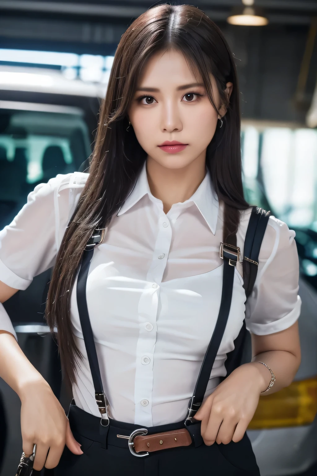 a woman in a suit, belt, hands behind back, sweating, suspenders, black pants, sexly, large breasts, see-through clothing, rain, detective, office worker, white button-up shirt, (best quality,4K,8k,highres,masterpiece:1.2),ultra-detailed,(realistic,photorealistic,photo-realistic:1.37),hyper-detailed,highly detailed face and body, Slender thin suspenders Moderate breasts See-through shirt Nipples holster chain Pistol Armament criminal Female criminal knife