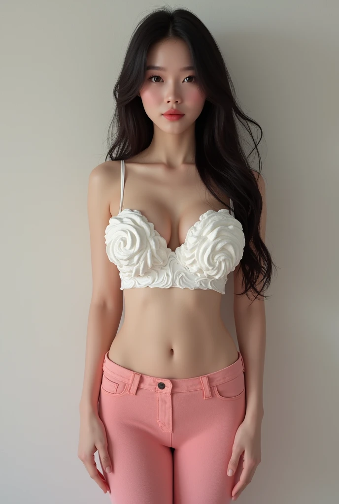 Photorealism ultra realistic attractive Chinese woman from the front with big breasts and big ass and with pink thigh-high stockings standing 8k with whipped cream covering her breasts