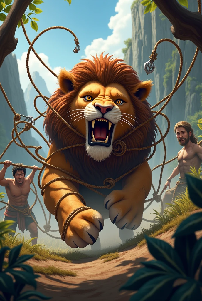 Lion being caught in a tangle of trap ropes by hunters animated image