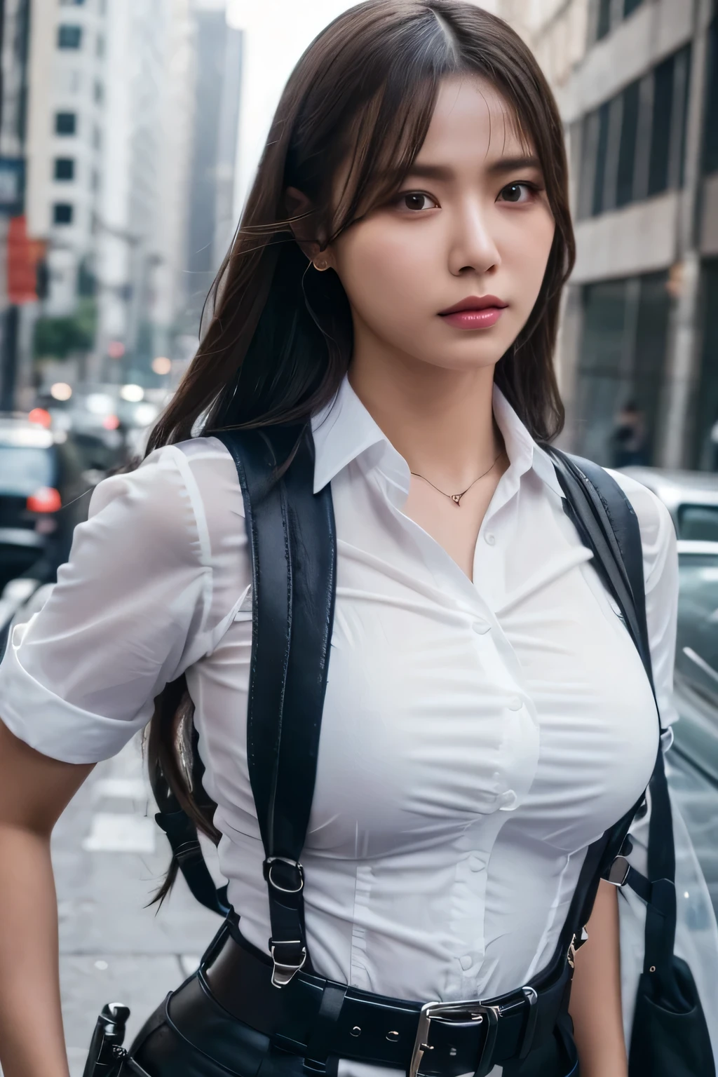 a woman in a suit, belt, hands behind back, sweating, suspenders, black pants, sexly, large breasts, see-through clothing, rain, detective, office worker, white button-up shirt, (best quality,4K,8k,highres,masterpiece:1.2),ultra-detailed,(realistic,photorealistic,photo-realistic:1.37),hyper-detailed,highly detailed face and body, Slender　thin　suspenders　Moderate breasts　See-through shirt　Nipples　holster　chain　Pistol　Armament　criminal　Female criminal　knife