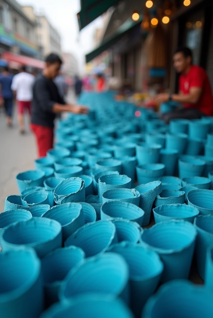 Thick lumpy blue paper pots at a street stall, as if the photo had been taken blurry
