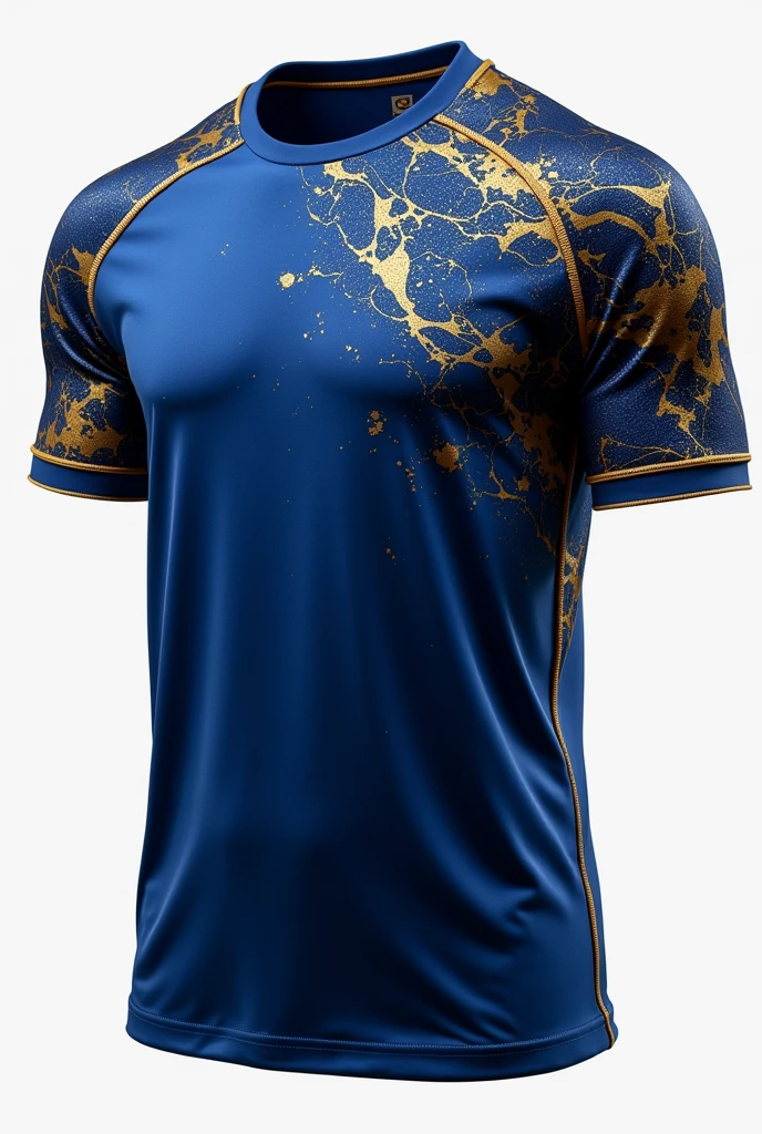 Make a navy and royal blue sports style t-shirt with a very scattered gold marble effect and gold sleeve edging 