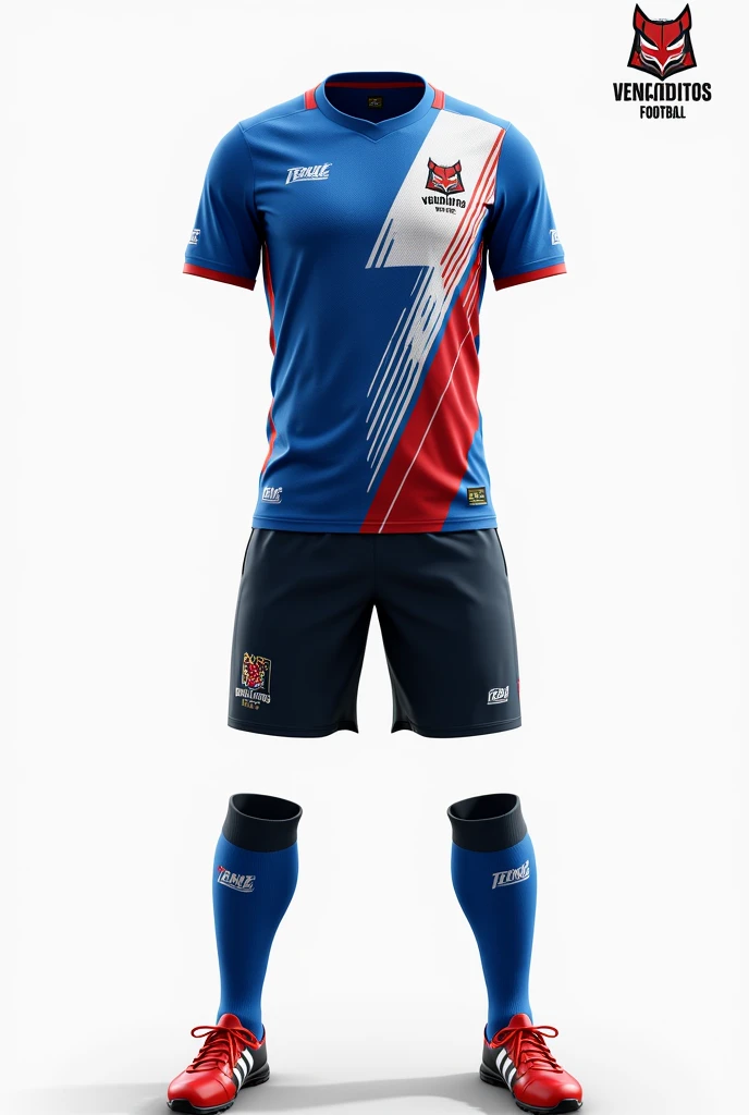 Football uniform design for the Venaditos B team.r.m. with colors: mostly blue and white with red and black highlights other