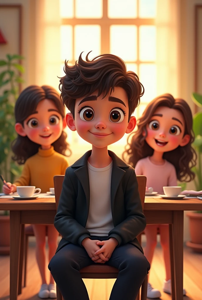 Cartoon smart boy stylish , sitting on the disining chair, wearing black jacket, black pants, curly hair, indoors, soft lighting, plants in background, window with sunlight, cozy room . 3 three beautiful girls standing behind with smiling face