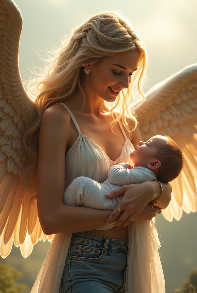 Very beautiful woman with captivating beauty, with two beautiful eagle wings. She is wearing jeans. She flies. She is holding a baby in her arms. She looks at the baby smiling. General plan.