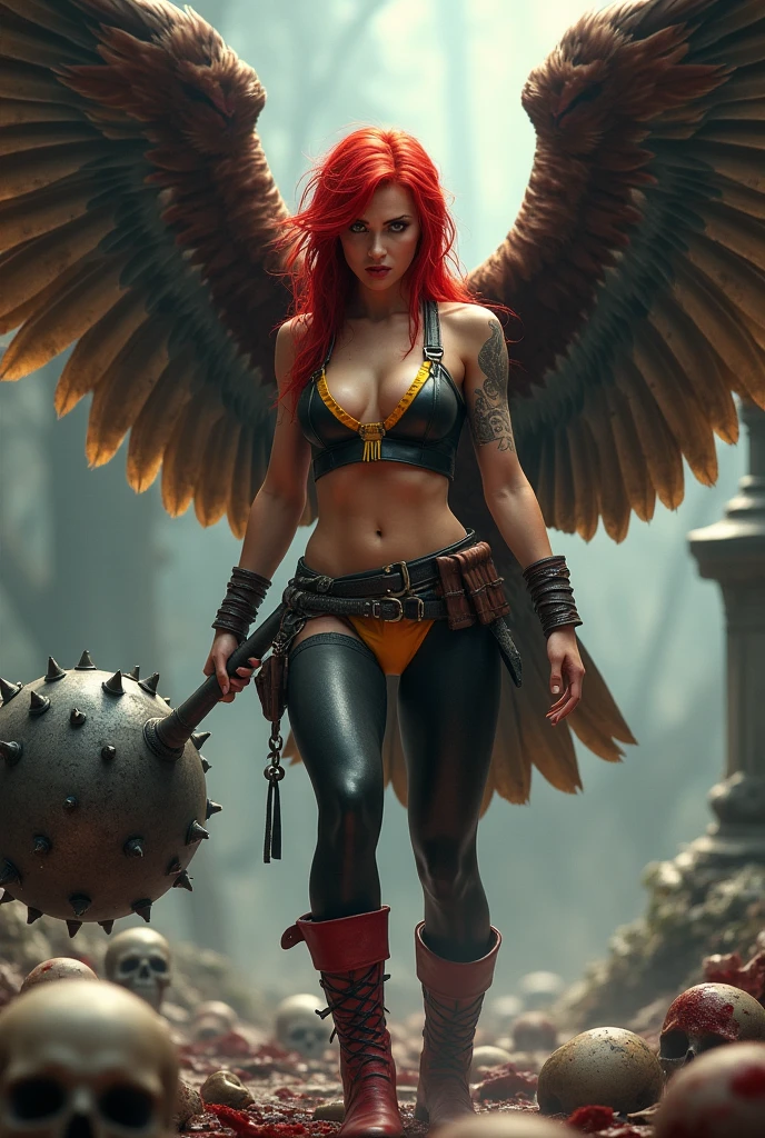 (((In extreme close-up a beautiful red-haired woman wearing a black leather top with yellow in the middle and (((Black leggings with yellow shorts or thong over the leggings))) red boots on a sheepdog Mace in a metal ball placed on the end of a cane or metal handle with rounded protuberances without spikes huge brown falcon wings that cover her entire body brown harness on her chest tattoos on one of her arms a long braid shaking in the wind on her knees screaming exhausted after an extensive battle skulls and blood cursed cemetery))),(((Giant brown wings that cover the entire body)))