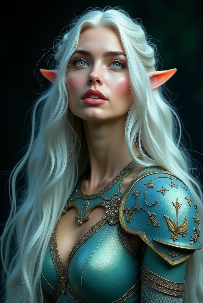 GISELE BUNDCHEN AS A GORGEOUS ELVE WARRIOR , WARRIOR WOMAN, BUST IMAGE STYLE, STUDIO IMAGE STYLE, BLACK INFINITE BACKGROUND, DIFFUSED LIGHTS ON FACE, BACK LIGHTS ON HAIR, LUMINOUS PINK BLUE HAIR, CLOSE FACE SHOT, HUGE LONG HAIR, HUGE STRAIGHT LONG HAIR, BRAID HAIR STYLE, PLATINUM EYEBROWS, LIGHTNING GREEN EYES, VERY PALE SKIN, LUMINOUS SKIN, FEMALE FAIRY, TOLKIEN MITHOLOGY, EXPOSED LONG TIP EARS, HIGH CHEEKBONES, ROSY CHEEKS, GORGEOUS LIPS, SOFT LIPSTICK, GORGEOUS CURVY BODY, SOFT MUSCLES, VOLUMOUS BREASTS, BLUE GREEN ARMOUR, FULL BODY ARMOUR, FLAT BOOTS, NECK CLEAVAGE, LONG BRACELETS, GOLD DETAILS, GOLDEN HEADBAND , ENIGMATIC FACE EXPRESSION, FRONT FACE VIEW, EYES LOOKING UP, TOLKIEN MITHOLOGY, HIGH QUALITY IMAGE, MASTERPIECE, 8K