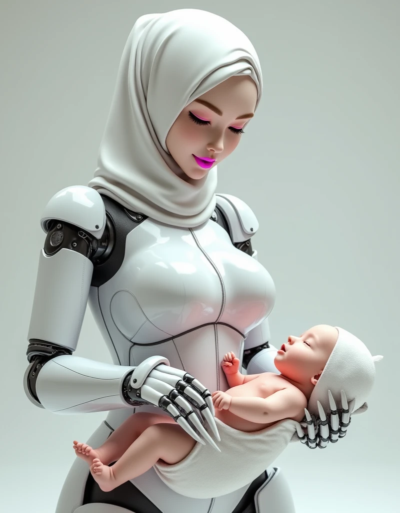 female robot wearing hijab, big breasts, pink lips, white body, robot arms, long nails, putting diaper on baby