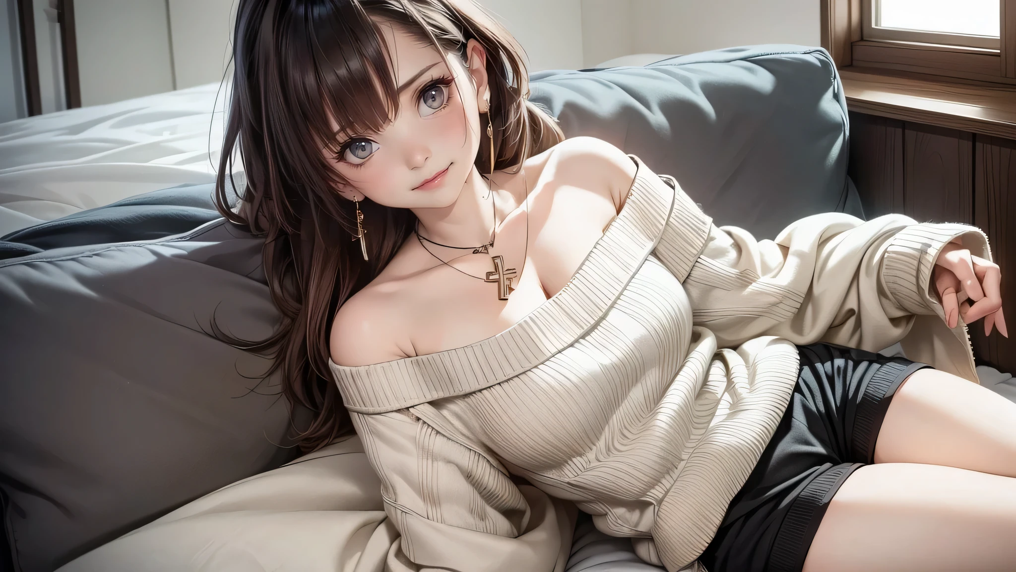 (off-shoulder sweater, oversized sweater), (hiden short pants), (cross-legged sitting, hands lying on thighs), on bed, best quality, masterpiece, earrings, necklace,