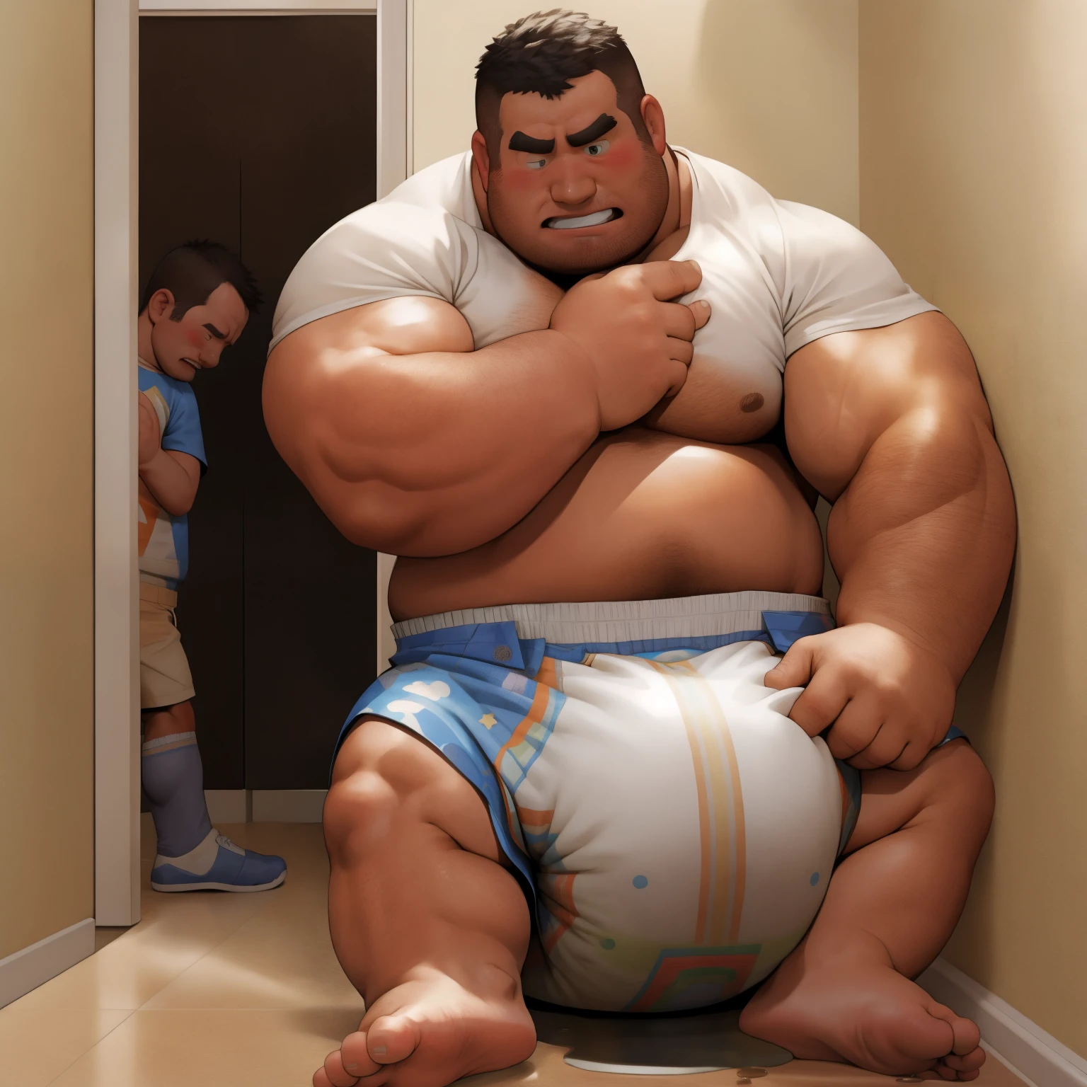 masterpiece, Top quality, in 32K, perfect anatomy, hyper detailed, super fine illustration, The thick man is a brutal prisoner, retarded, hairy, human, 50yo in japan, (fatness: 1.0), Fatty muscle, Bowleg, disappointment, incontinent, be diaper check by children, There is a small puddle under him, Naked, short legs, Bowleg, spread legs, wear a White cloth Diaper, Bare belly, Bare legs, Bare foots, Bare soles, Shirtless, wide forehead and short thinning hair, Man with round  face with stubble, Bare foots, Bare soles, shy, sissy, Weaker than children, Drool, Round face, He enters nursery school and is despised by children, He is made to stand attention in the corner of the playroom, corner time, He surrounded by children, Bare foots, big butt, White Diaper, sobbing, There is a small puddle under him