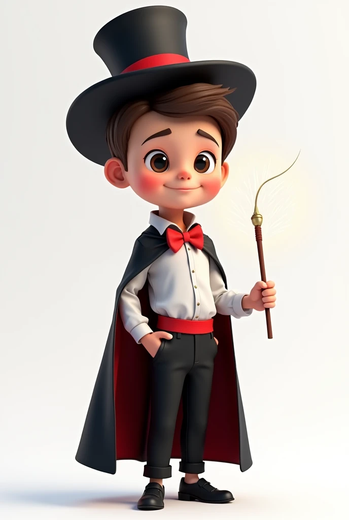 (boy with asymmetrical face, eyes and brown hair), he is dressed as a magician with: black pants, red bow tie, black cape, white shirt with a red band on his stomach, black magician's top hat on his head with a red band (smiling and with a magic wand in hand), developer, facing us, 3d rendering, pixar style, (detailed digital art), stylized 3d rendering, c4d, (full height), high quality, composition, masterpiece, art station, background plain solid white