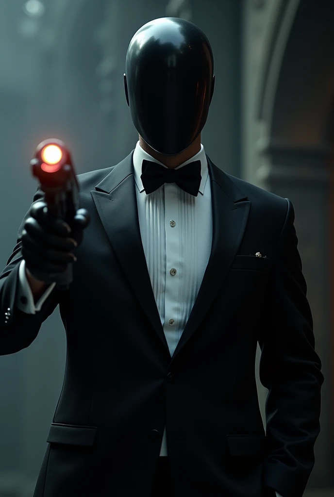 Guy with a xx mask on his face in a black tuxedo with a laser gun
