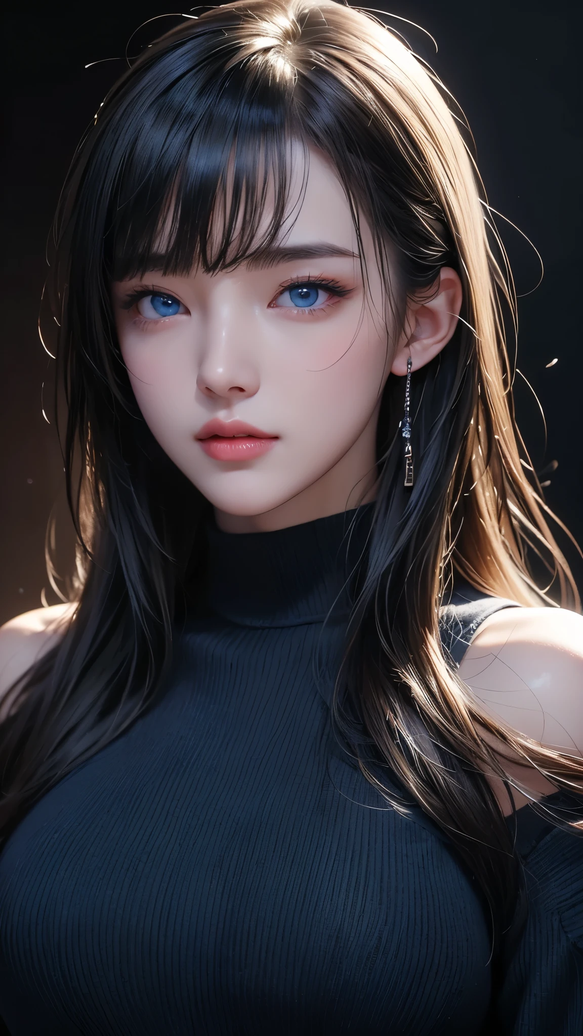 masterpiece, Highest quality, Very detailed, To the camera, 複雑に詳細なVery detailedな, Realistic, Sharp features, Very detailed, Sharp focus, Perfect Face, Perfect Face, Perfect symmetry and perfect eyes, Perfect Plump Lips, Flexible female form, Cinematic, Film Light, Very detailedな, hyper Realistic, masterpiece, Atmospheric, High resolution, Vibrant, Dynamic Studio Lighting, ((Dark Background)), The facial expression when feeling happy, Straight bangs, blue eyes,Black sweater, Cowboy Shot, Big Breasts,