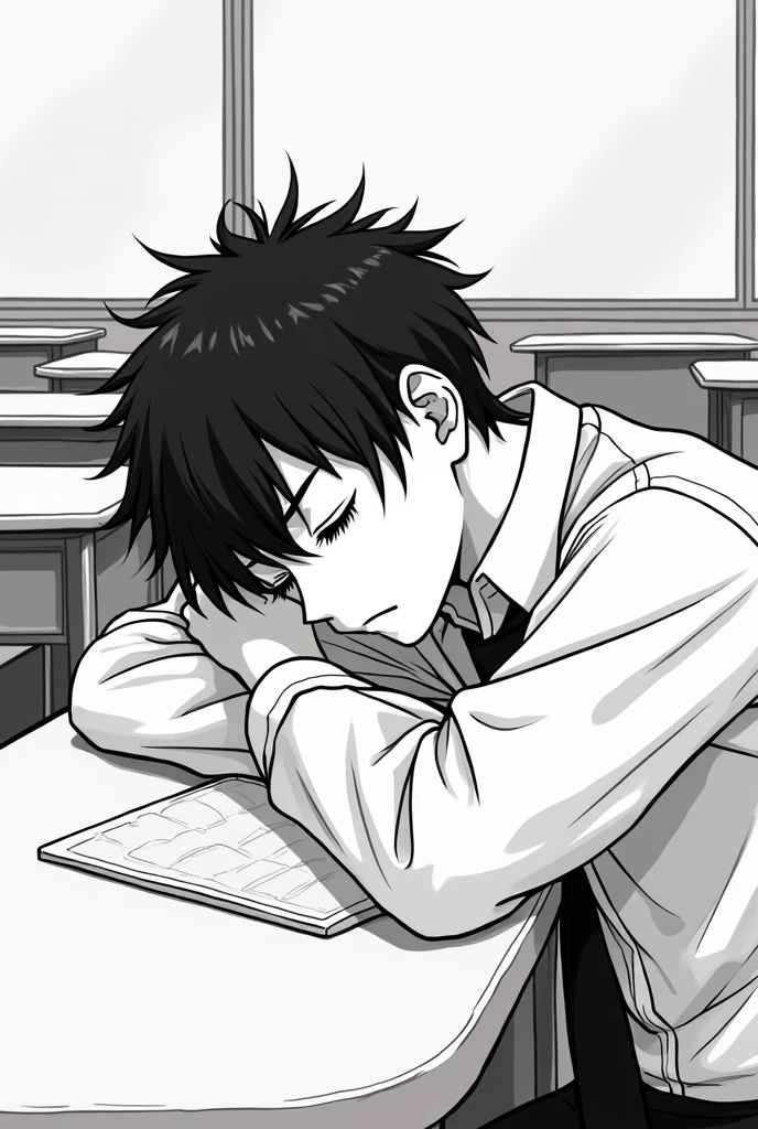 Black and white 2d anime drawing of teenage student man with black hair standing on end sleeping in classroom