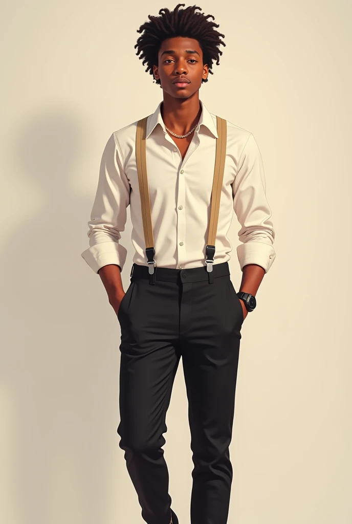 Hello, You can create an image of a young man with curly hair. Dark black skin wearing black pants and shoes, a white shirt, without jacket and beige trouser suspenders