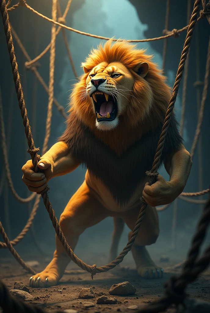 Lion trapped in a tangle of ropes net trap animated image