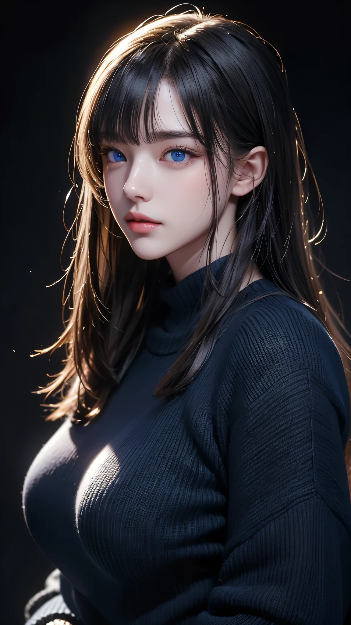 masterpiece, Highest quality, Very detailed, To the camera, 複雑に詳細なVery detailedな, Realistic, Sharp features, Very detailed, Sharp focus, Perfect Face, Perfect Face, Perfect symmetry and perfect eyes, Perfect Plump Lips, Flexible female form, Cinematic, Film Light, Very detailedな, hyper Realistic, masterpiece, Atmospheric, High resolution, Vibrant, Dynamic Studio Lighting, ((Dark Background)), The facial expression when feeling happy, Straight bangs, blue eyes,Black sweater, Cowboy Shot, Big Breasts,