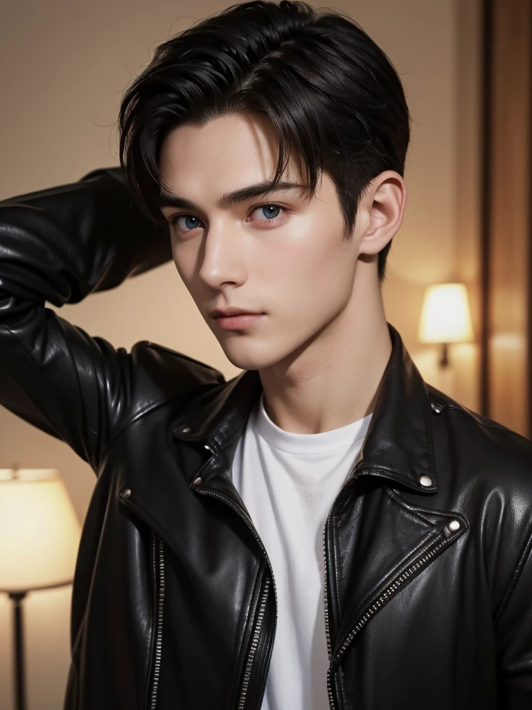 (absurdres, highres, ultra detailed), a handsome young man in his 20s, solo, short hairstyle, detailed face, perfect facial features, smooth pale skin, shiny skin, beautiful, gorgeous, mature, perfect eyes, sexy gaze, looking at the viewers romantically, leather jacket, 