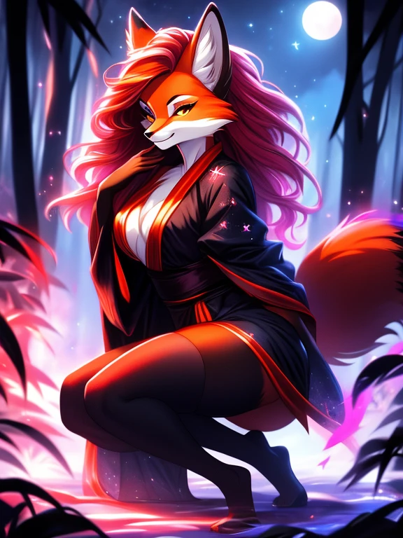 red fox, orange fur, female, vixen, gorgeous, majestic, beautiful, hair, scarlet hair, red hair, yellow eyes, smile, friendly and inviting smile with a hint of mischievousness, full body, night, moody, elegant, mysterious, highres, perfect artwork, side view, on knees, looking at viewer, moon, beautiful night sky, stars, black night sky, crouching, wearing a sexy and elegant magical yukata, sexy thigh highs, wearing thigh highs, red and black outfit, casting purple magic, purple flame, sexy body, voluptuous, waifu, in a forest