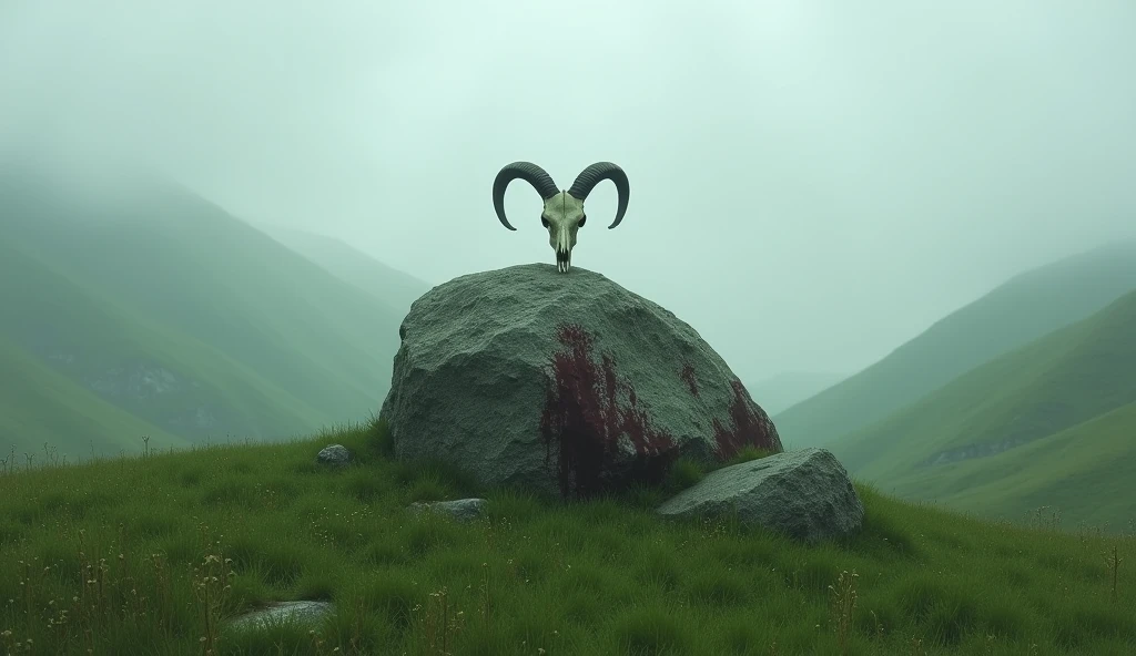 hillside landscape with a green meadow immersed in mist, a huge boulder in the centre covered in blood and at the top of which is a goat skull