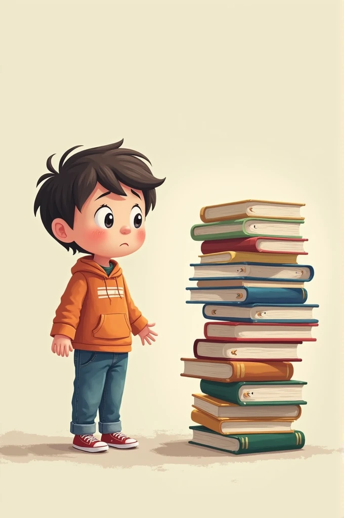 Create an educational meme with a text, where a child is looking at a stack of books with a cautious expression and the text says when you see all the subjects assigned for the week